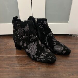 Johnny Was Black Ankle Boots with Gray Floral Design